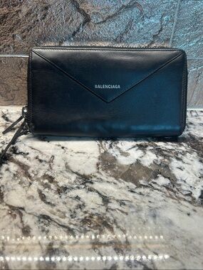 Balenciaga Black Leather Zip-Around Wallet with Envelope Flap